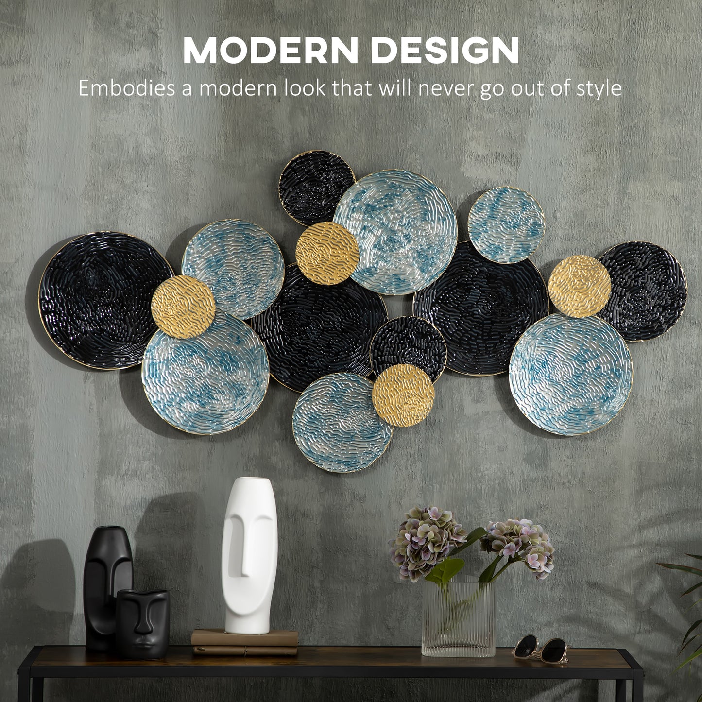 3D Metal Wall Art Modern Circle Hanging Wall Sculptures Home Decor For Living Room Bedroom Dining Room, Blue Black Gold