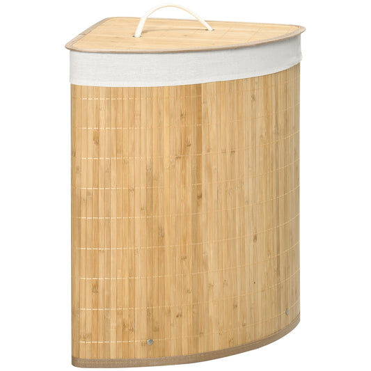 Bamboo Laundry Basket With Lid, 55 Litres Laundry Hamper With Removable Washable Lining, Corner Washing Baskets, 38 X 38 X 57cm, Natural