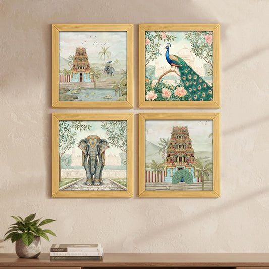 Aesthetic Madhubani Art Paintings For Living Room, Bedroom, Multicolor, Natural Wood Color Frames, 8.0 x 8.0 inch, Set of 4
