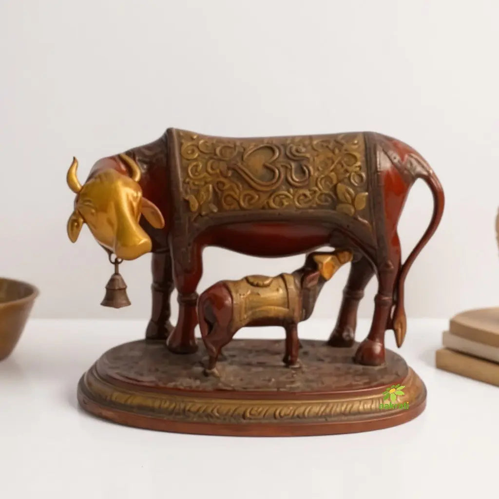 Brass Metal Nandi Cow & calf hand carved decorative Statue for temple & Decor Red Antique Finish