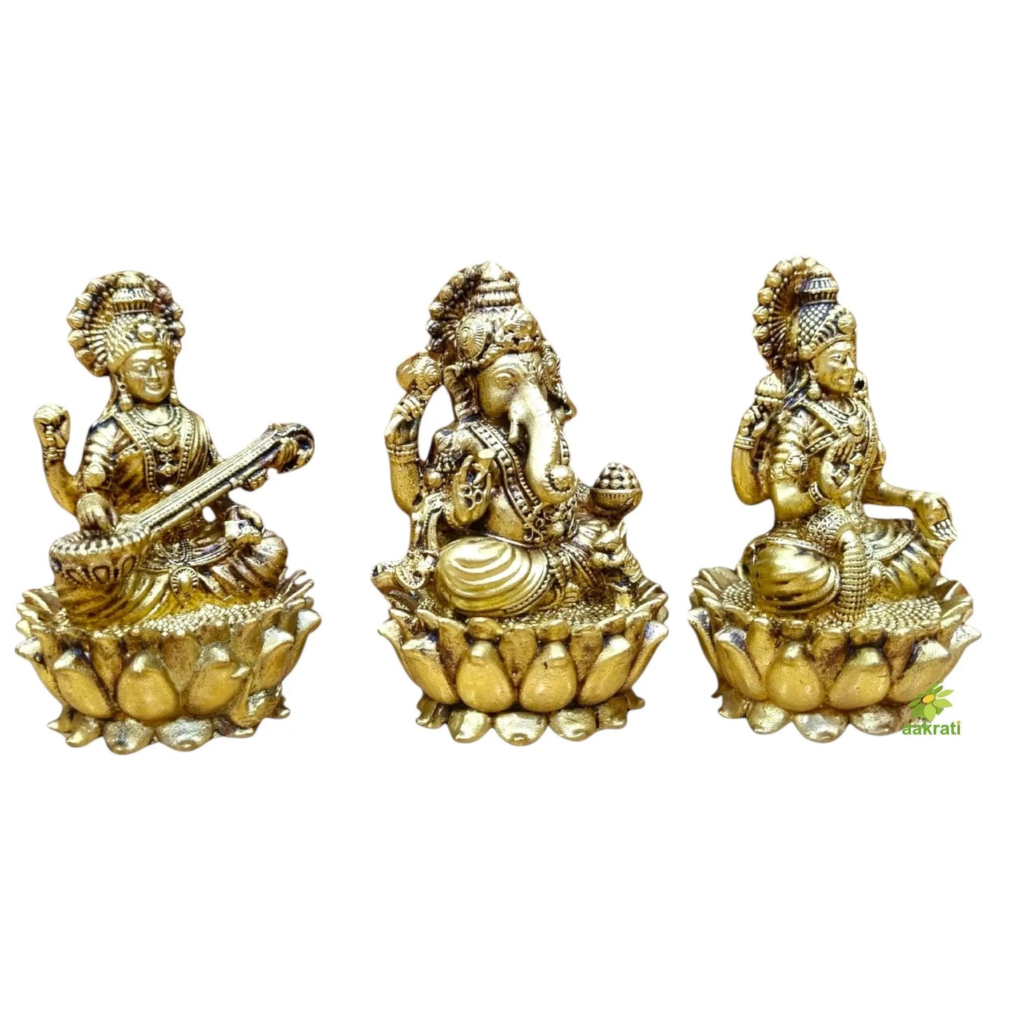 Light Weighted Brass Laxmi Ganesh Saraswati Idol Set for Temple | Puja Murti for Home & Office Mandir | Temple Idols for Diwali & Daily Rituals (Yellow, 3 Inch)