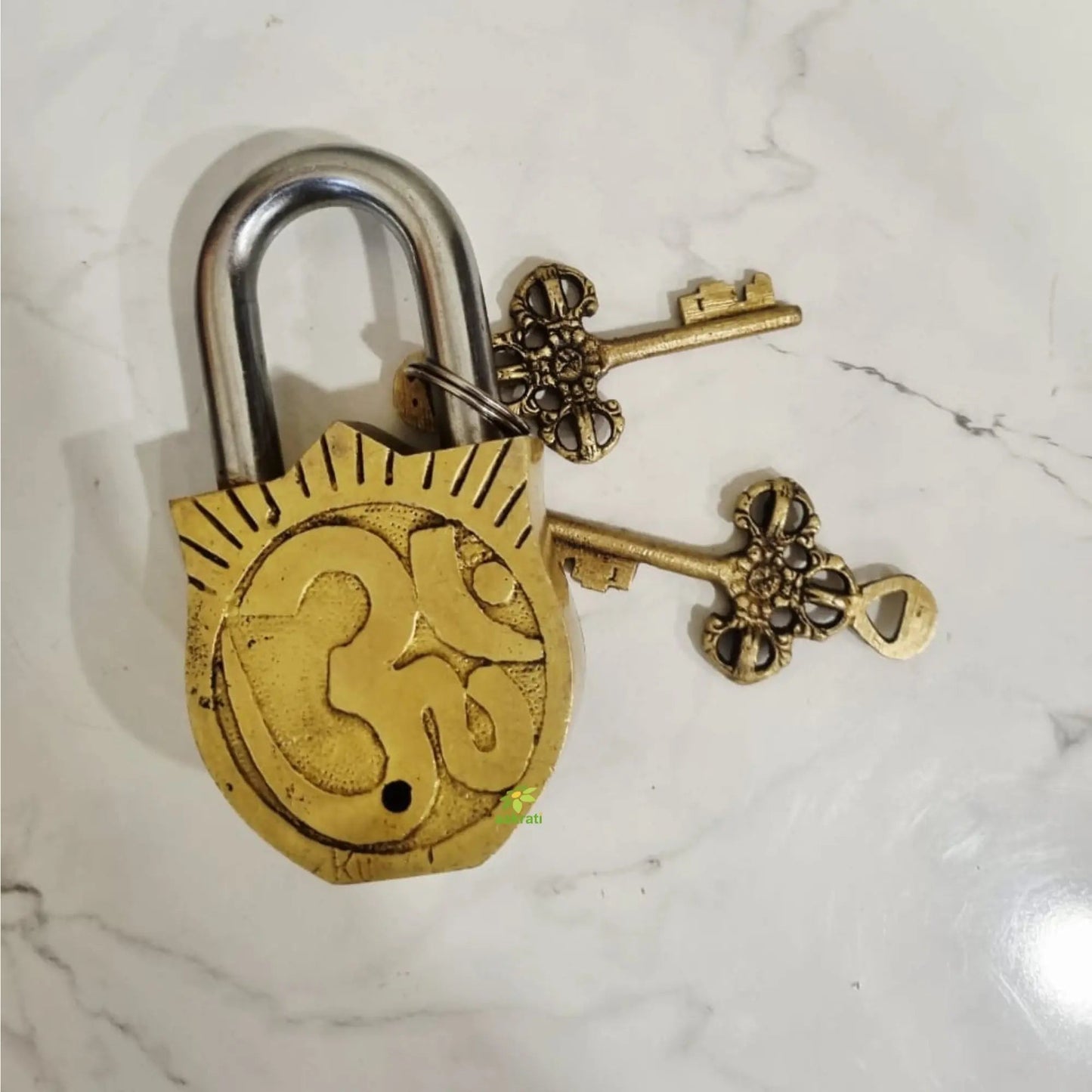 Brass Sun Face Engraved Padlock with 2 Keys | Handcrafted Brass Sun Face Padlock | Antique Finish Lock & Keys