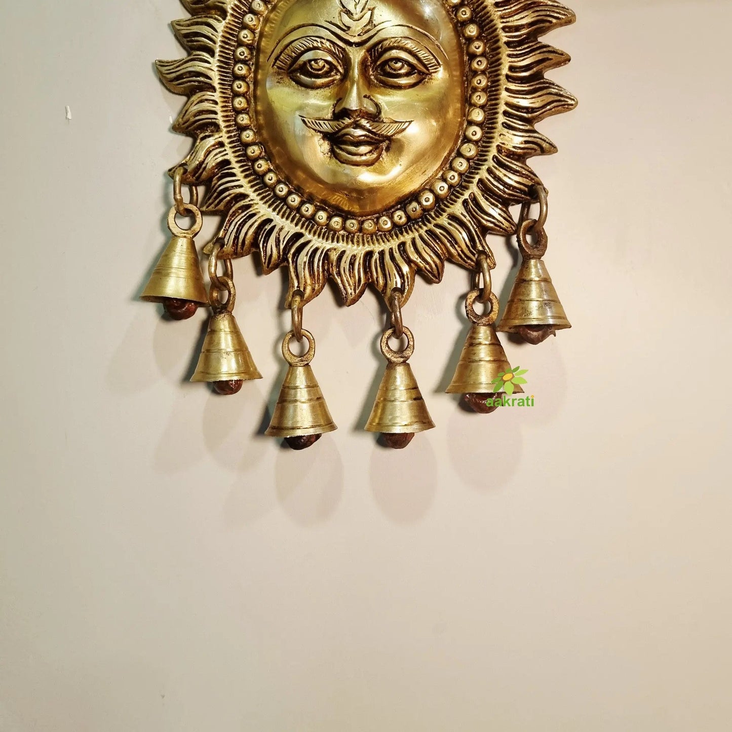 Brass Sun Face Wall Hanging with bells | Handcrafted Decorative Wall Hanging | Brass Sun Face Wall Hanging for Gifting (Yellow, 7 Inches)
