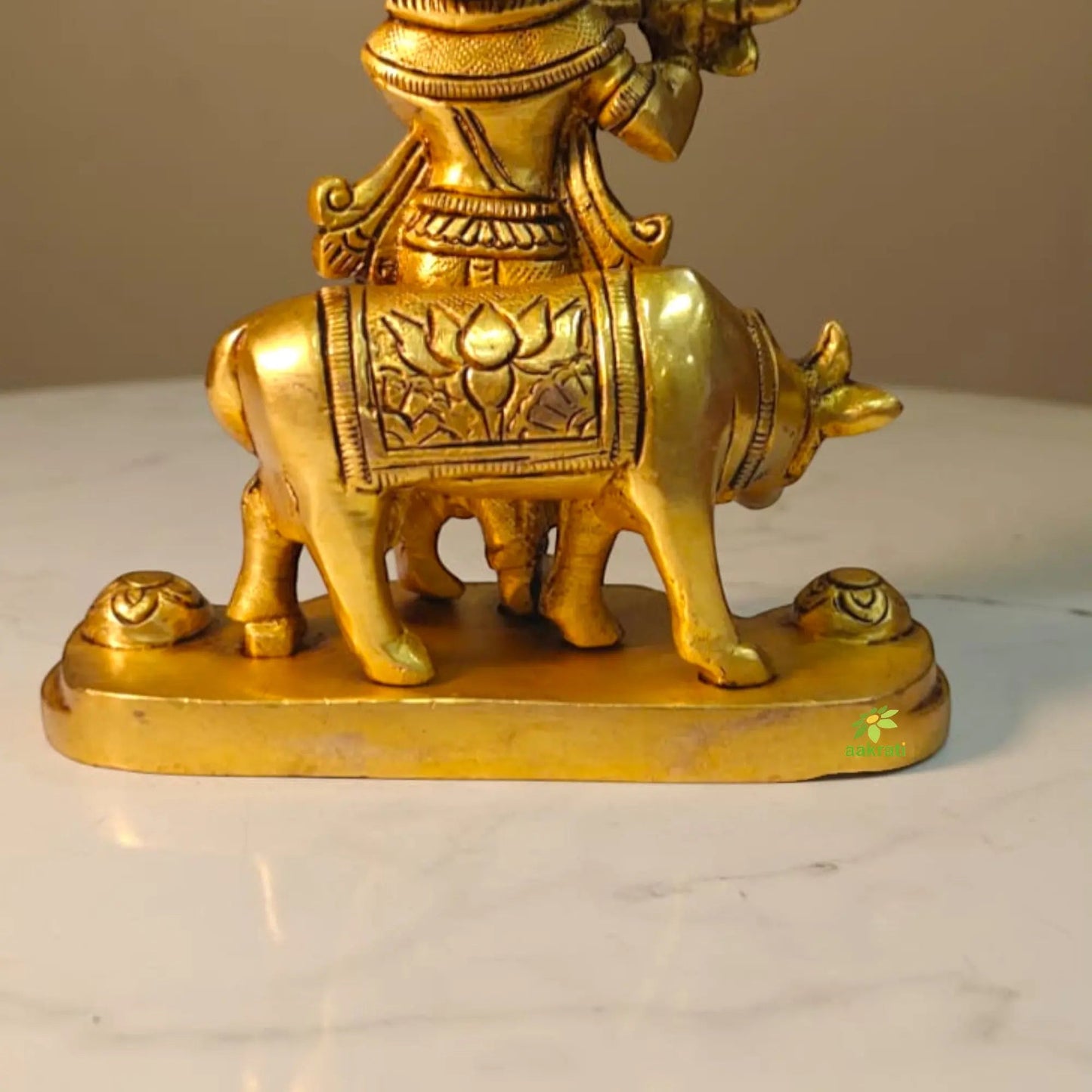 Decorative Brass Lord Krishna Cow Murti | Handcrafted Temple Idol for Home Décor | Antique Style Hindu God Murti for Pooja Room (Yellow, 4.4 Inches)
