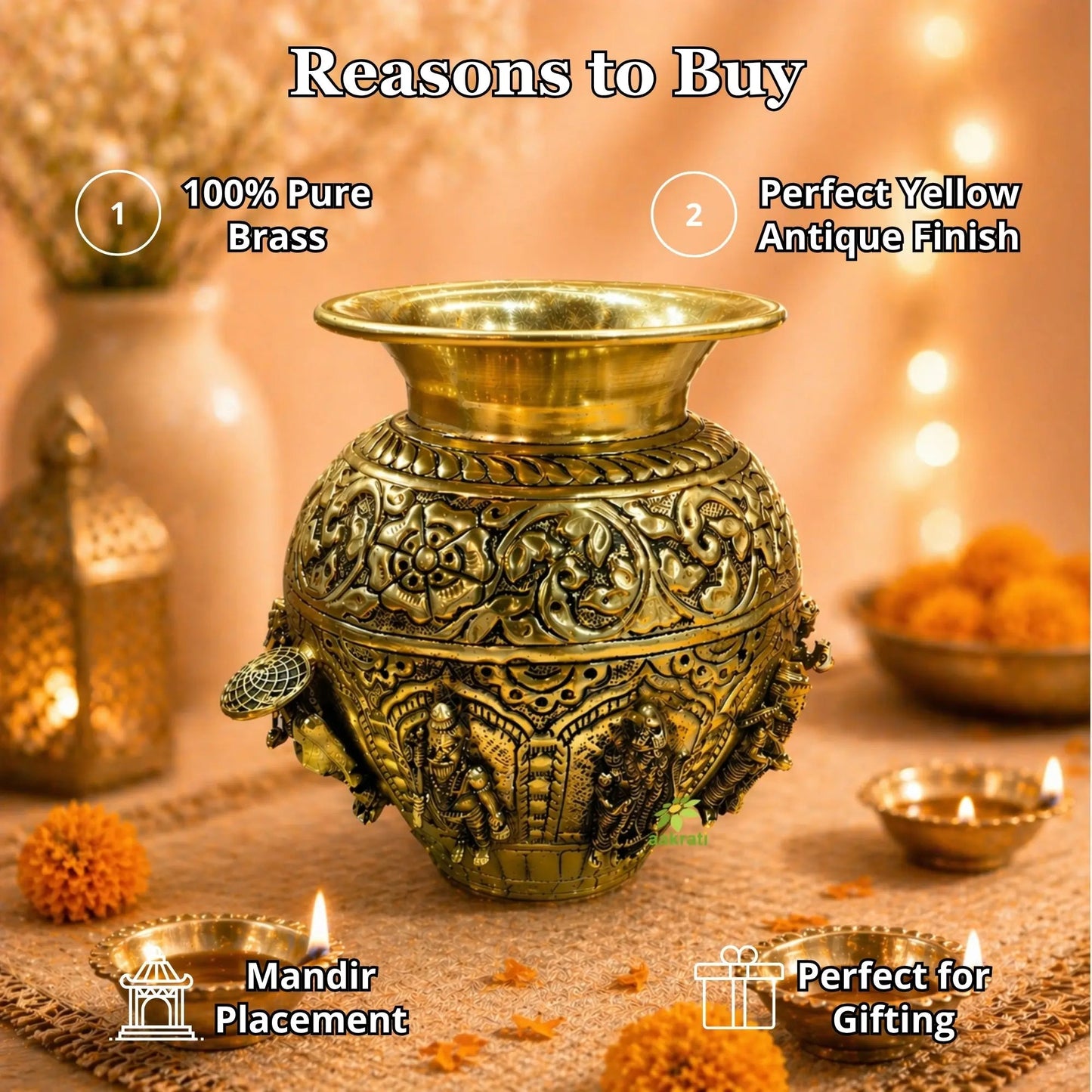 Brass Dashavatar Kalash | Brass Dashavatar Puja Kalash | Traditional Hindu Puja Vessel (Yellow, 6 Inches)