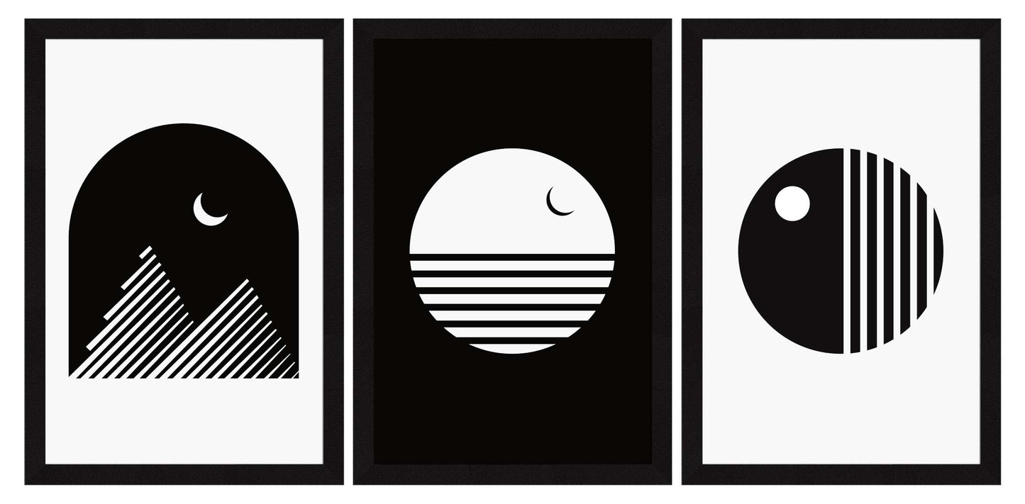 Abstract Art Paintings, Black and White Painting For Wall Living Room, Set of 3 AXIII-32-MOD