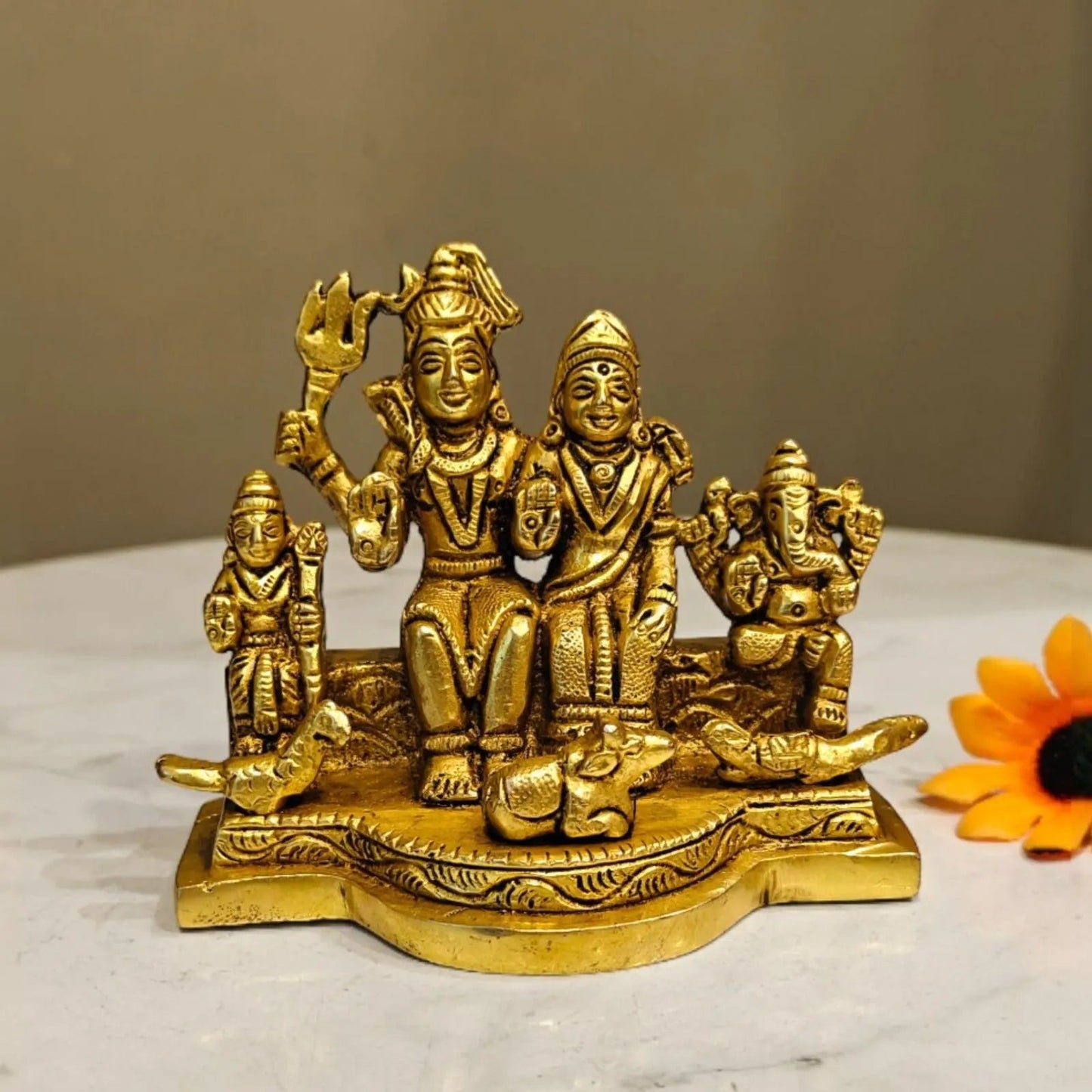 Brass Shiva Family | Traditional Shiv Parivar Brass Murti | Brass Shiv Parivar Statue (Yellow, 3.5 Inches)