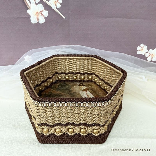 Hexagonal Storage Box Made Entirely Of Handmade Hemp Rope