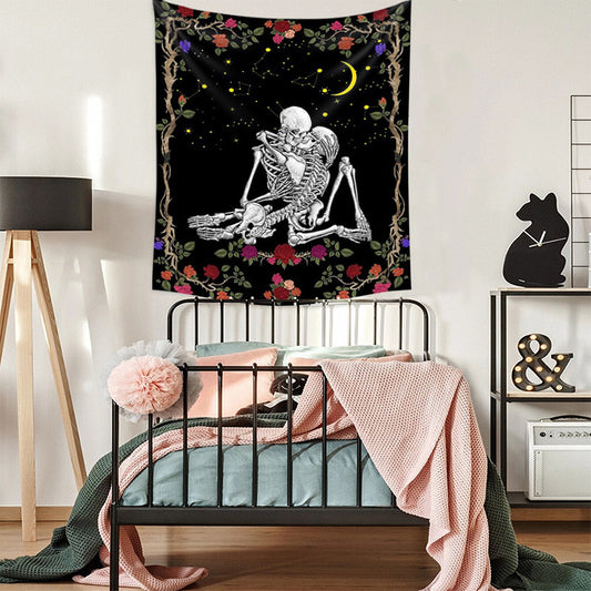 Black And White Skull Rose Lovers Home Decor Tapestry