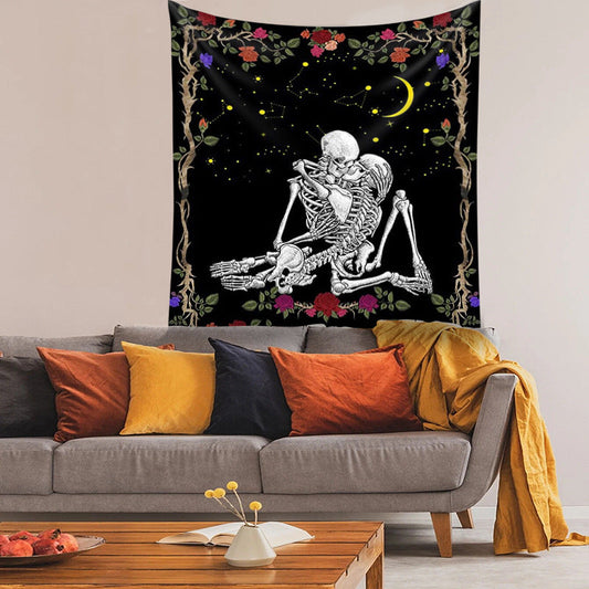 Black And White Skull Rose Lovers Home Decor Tapestry