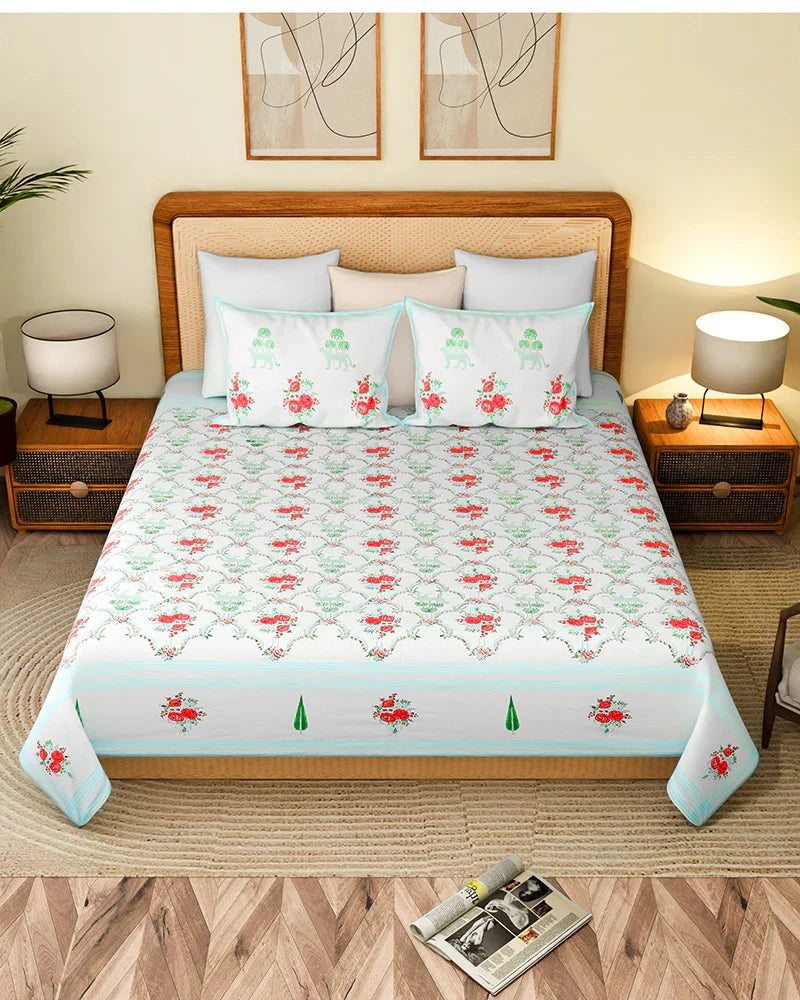 Luxurious Jaipur Handblock Printed 100% Premium Cotton King Size Bed Sheet with Pillow Covers