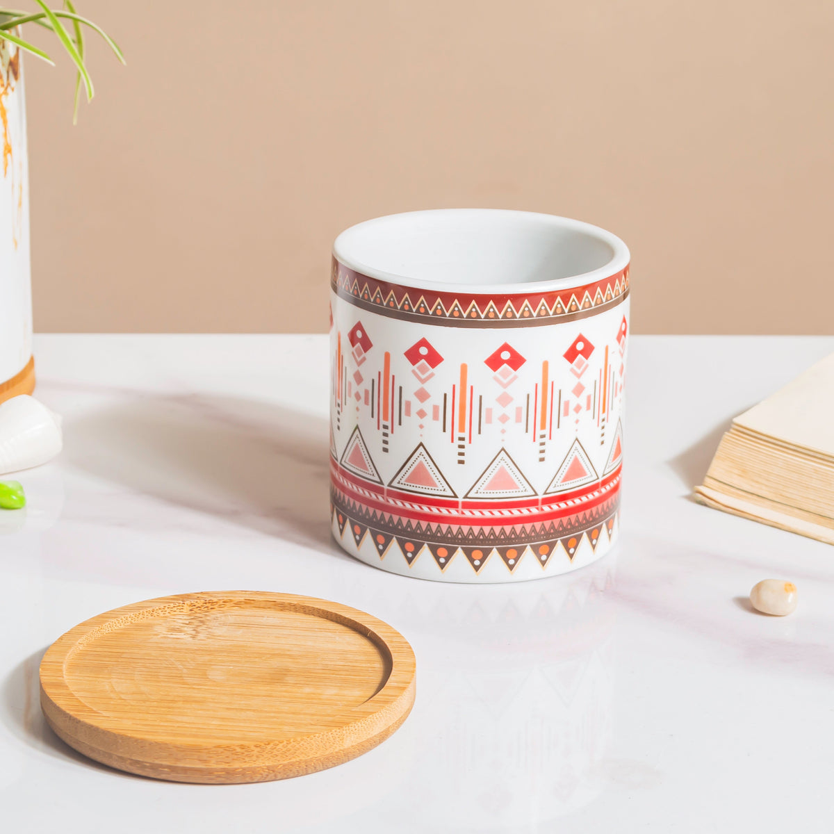 Noor Art Multicolor Ceramic Planter With Wooden Coaster Nestasia