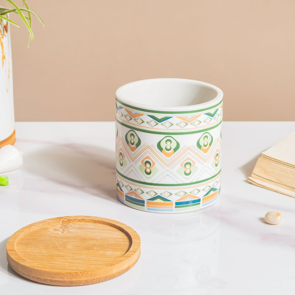Mandala Print Ceramic Planter Green With Wooden Coaster Nestasia