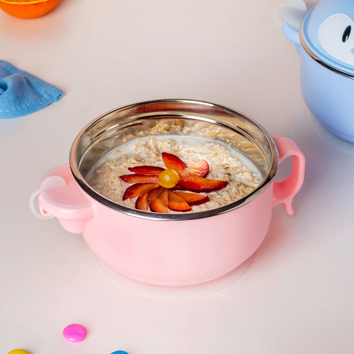 Steel Food Bowl With Heating Water Chamber Pink 400 ml Nestasia