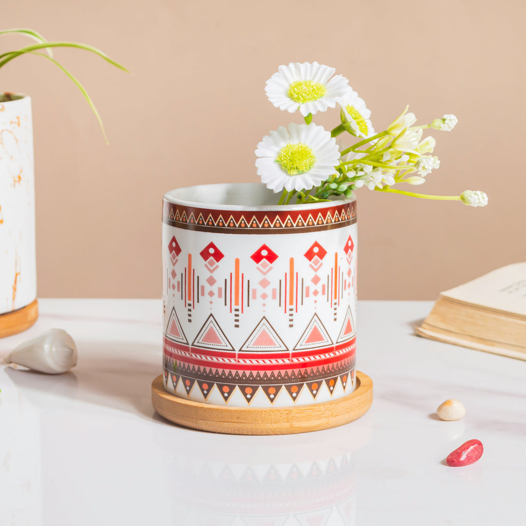 Noor Art Multicolor Ceramic Planter With Wooden Coaster Nestasia