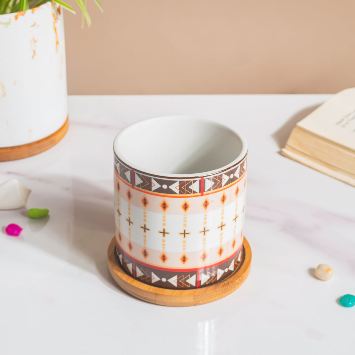 Noor Art Orange and Brown Planter With Wooden Coaster Nestasia