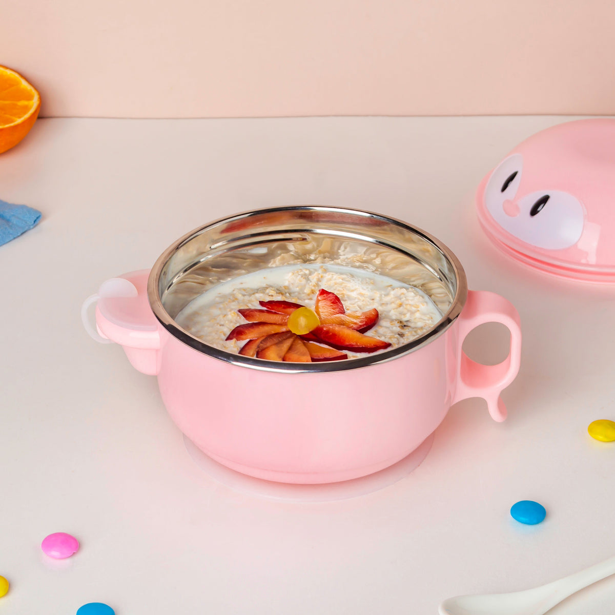Steel Food Bowl With Heating Water Chamber Pink 400 ml Nestasia