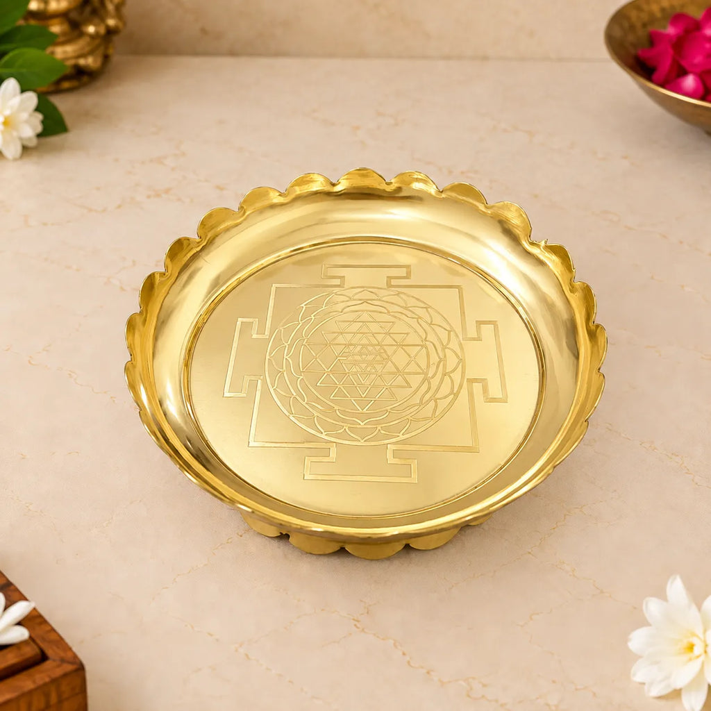 Brass Shree Yantra Engraved Lotus Plate With Stand (5.5 Inch) Vedansh Craft