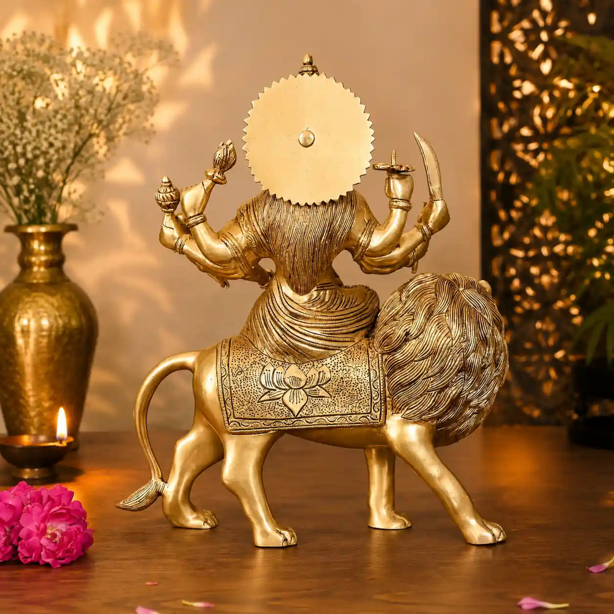 Brass Goddess Durga Sitting on Lion Superfine Idol (16.5 Inch) Vedansh Craft