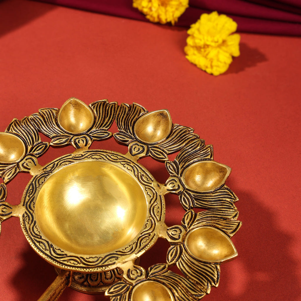 Brass Traditional Sapt Aarti With Handle (10 Inch) Vedansh Craft