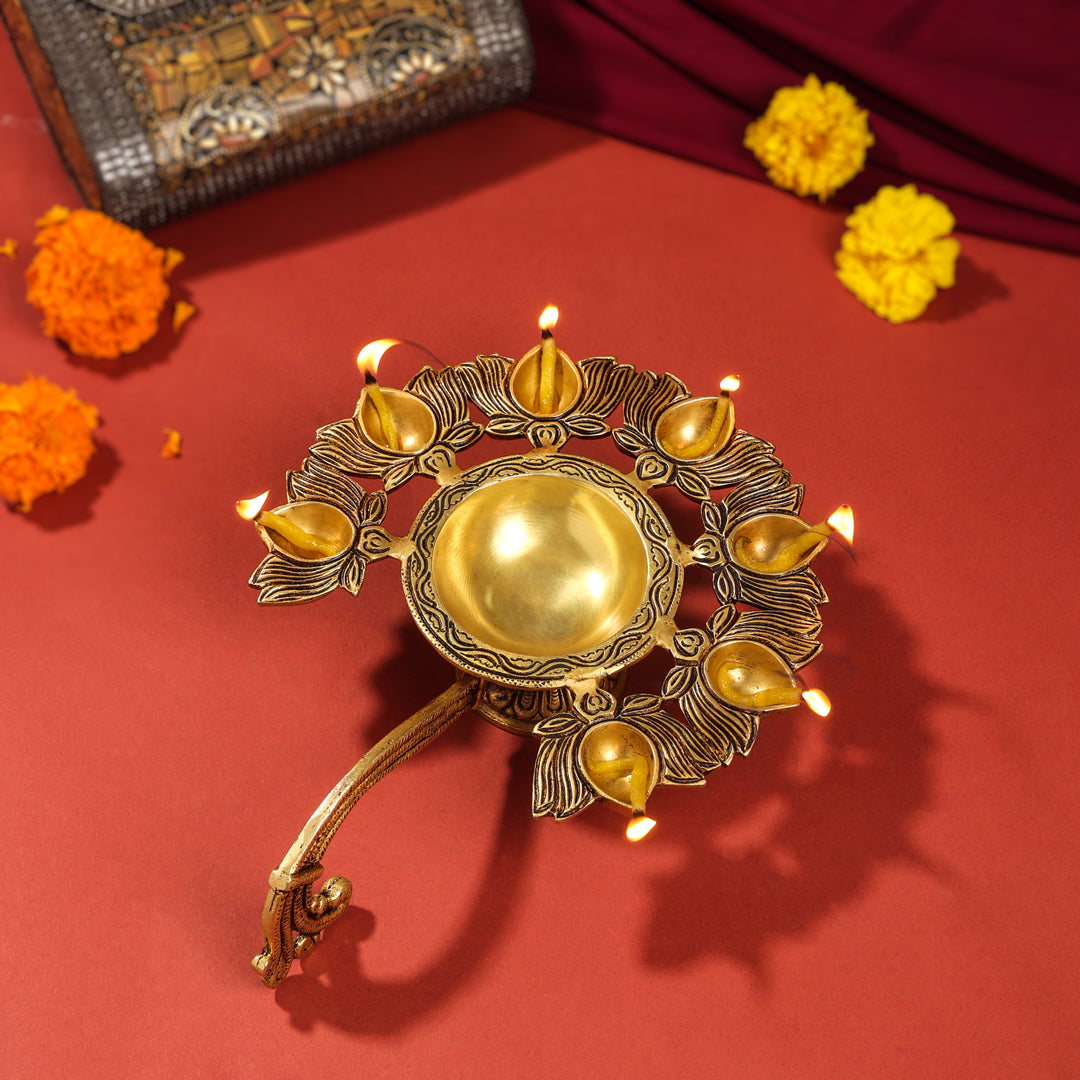 Brass Traditional Sapt Aarti With Handle (10 Inch) Vedansh Craft