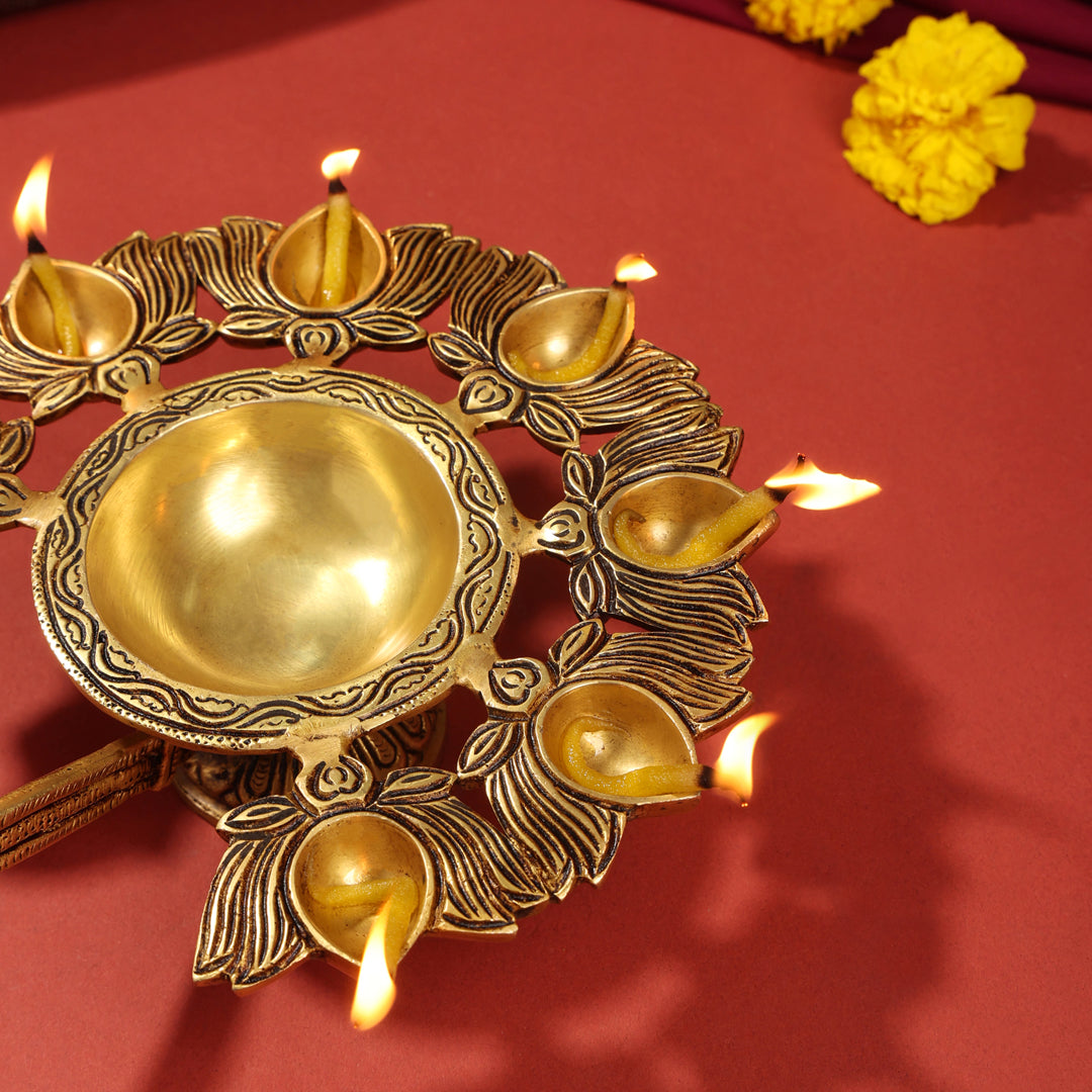 Brass Traditional Sapt Aarti With Handle (10 Inch) Vedansh Craft