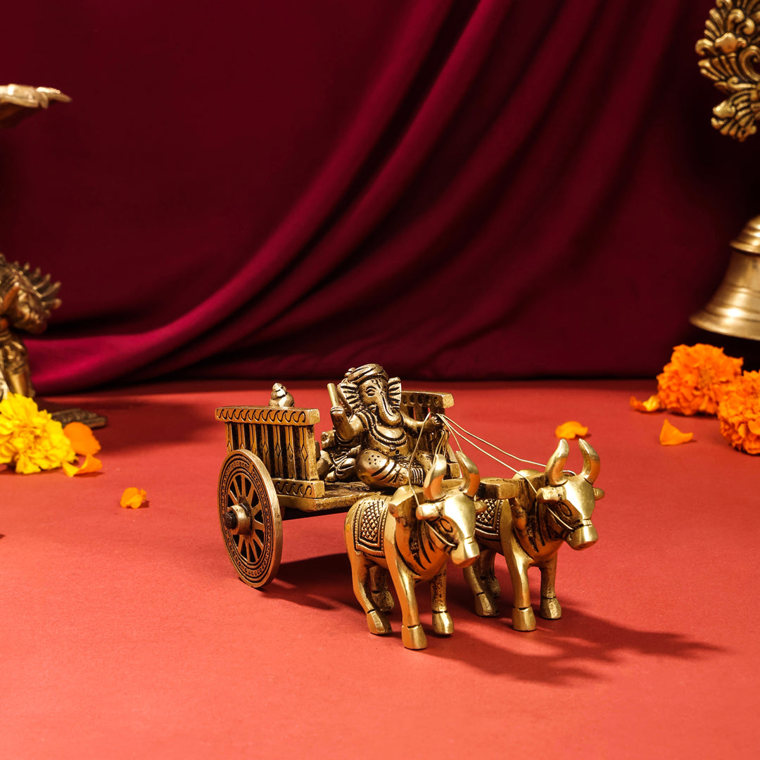 Brass Ganesha With Riddhi & Siddhi Double Bullock Cart (4 Inch) Vedansh Craft