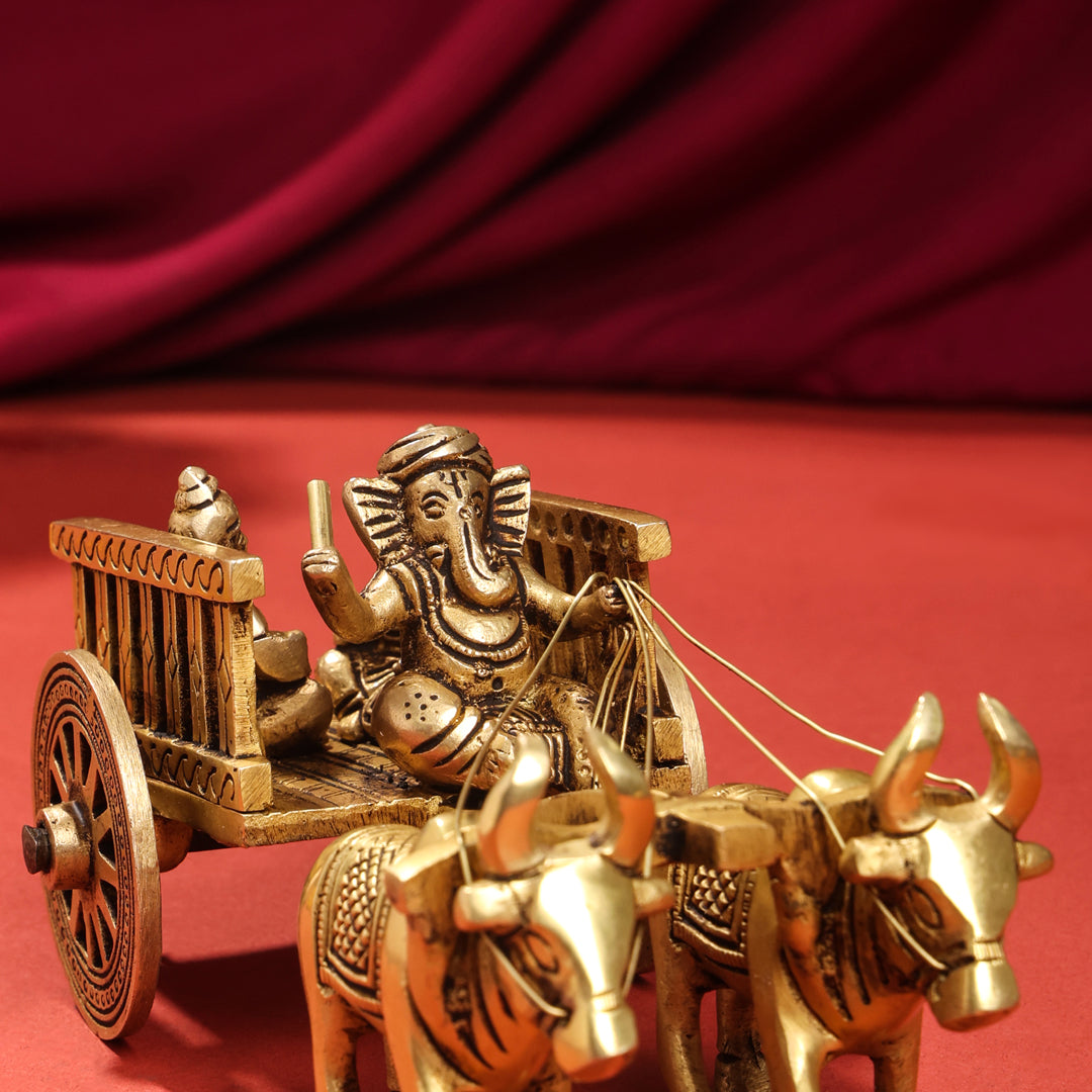 Brass Ganesha With Riddhi & Siddhi Double Bullock Cart (4 Inch) Vedansh Craft