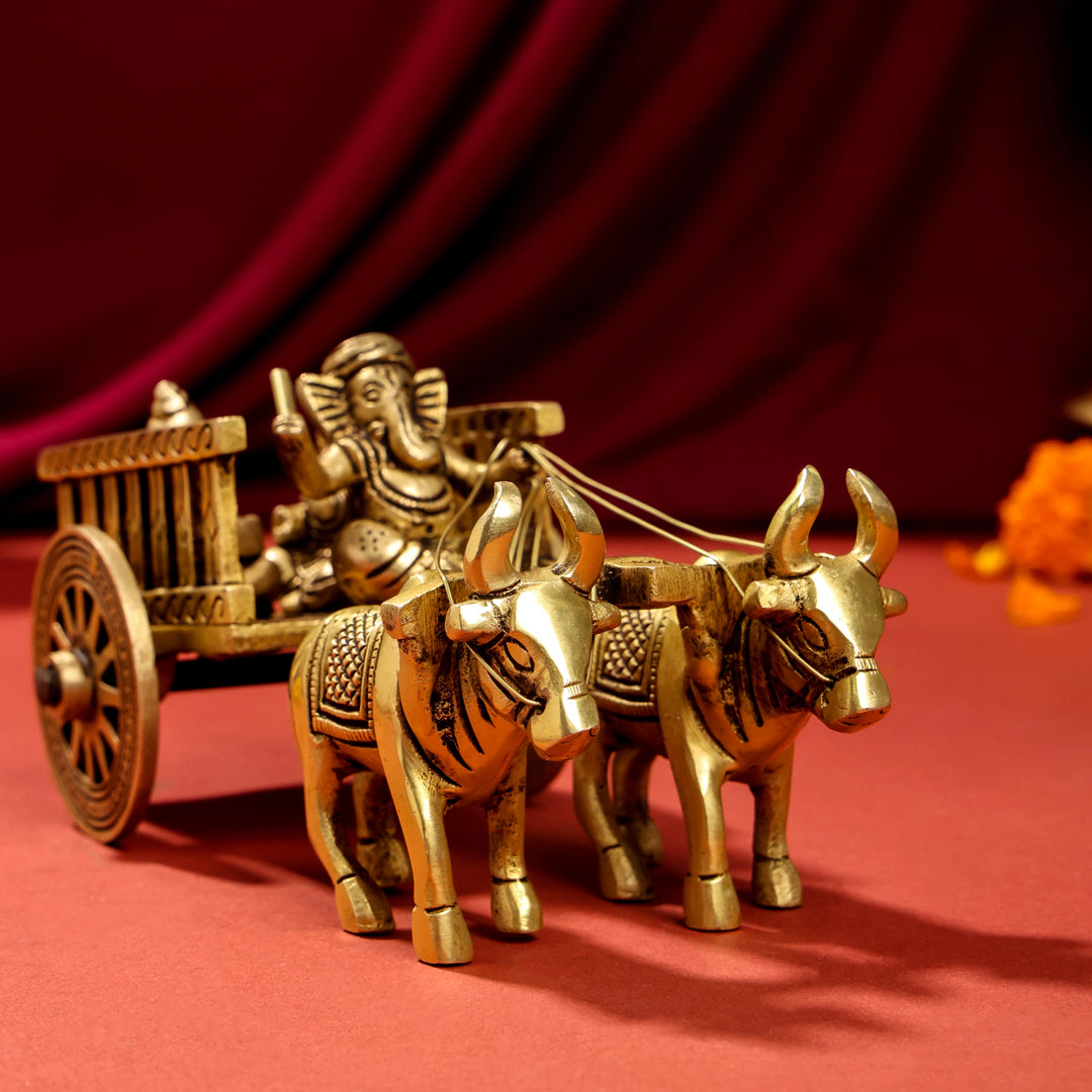 Brass Ganesha With Riddhi & Siddhi Double Bullock Cart (4 Inch) Vedansh Craft