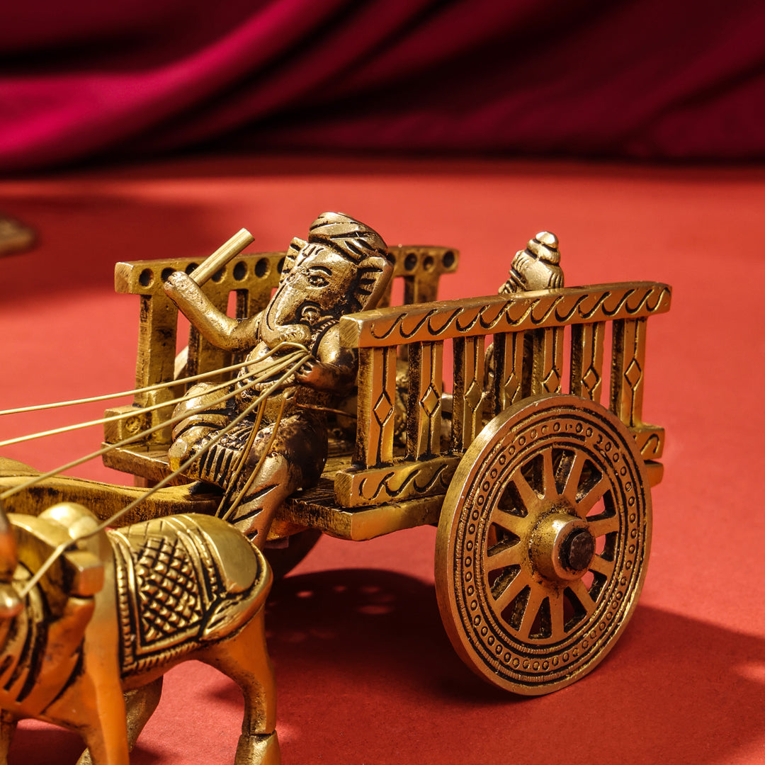 Brass Ganesha With Riddhi & Siddhi Double Bullock Cart (4 Inch) Vedansh Craft
