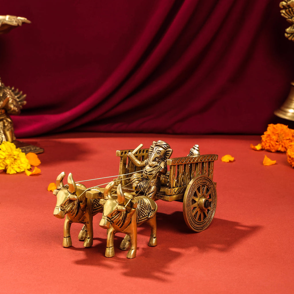 Brass Ganesha With Riddhi & Siddhi Double Bullock Cart (4 Inch) Vedansh Craft