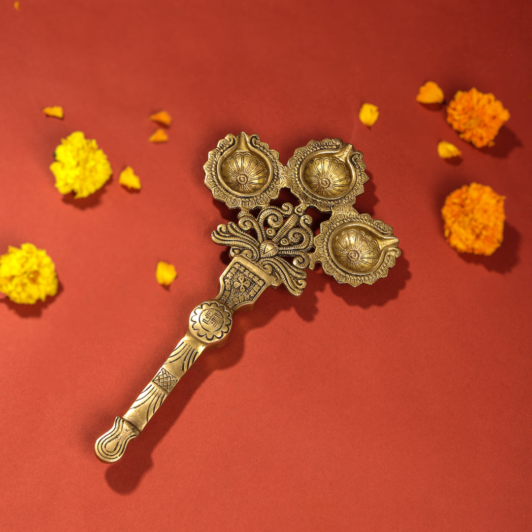 Brass Three Petal Pooja Spoon (13 Inch) Vedansh Craft