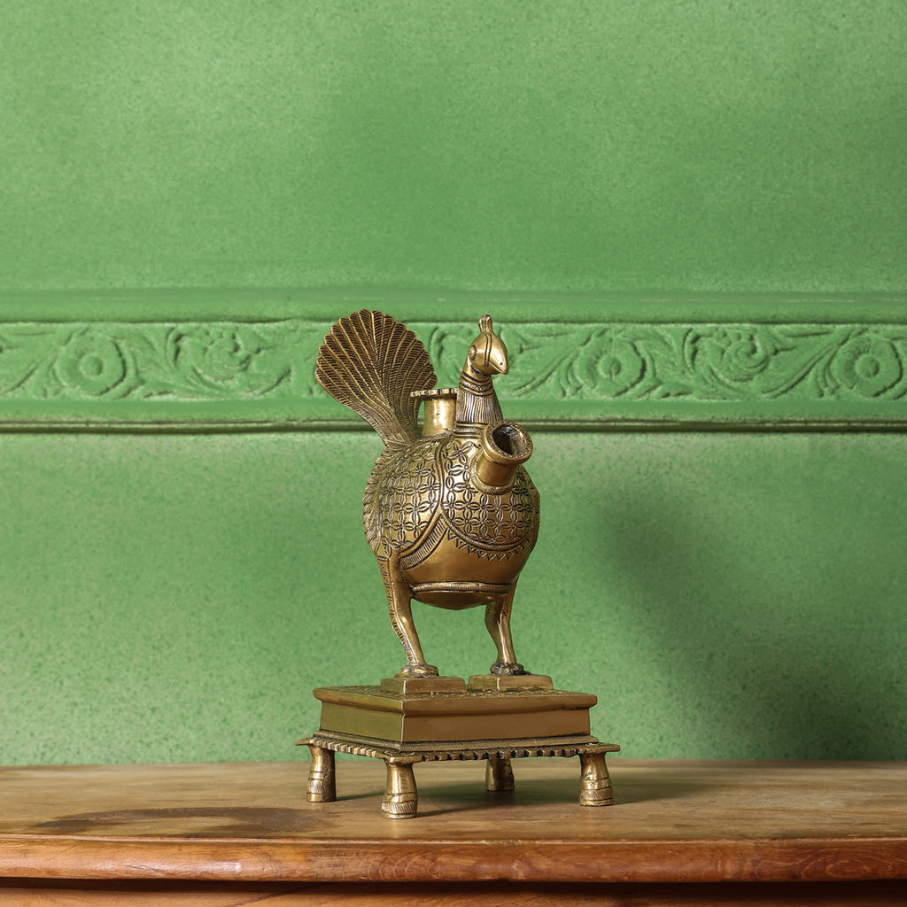Brass Peacock Hookah Stand (9.5 Inch) Vedansh Craft