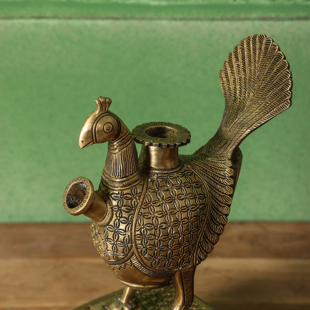 Brass Peacock Hookah Stand (9.5 Inch) Vedansh Craft
