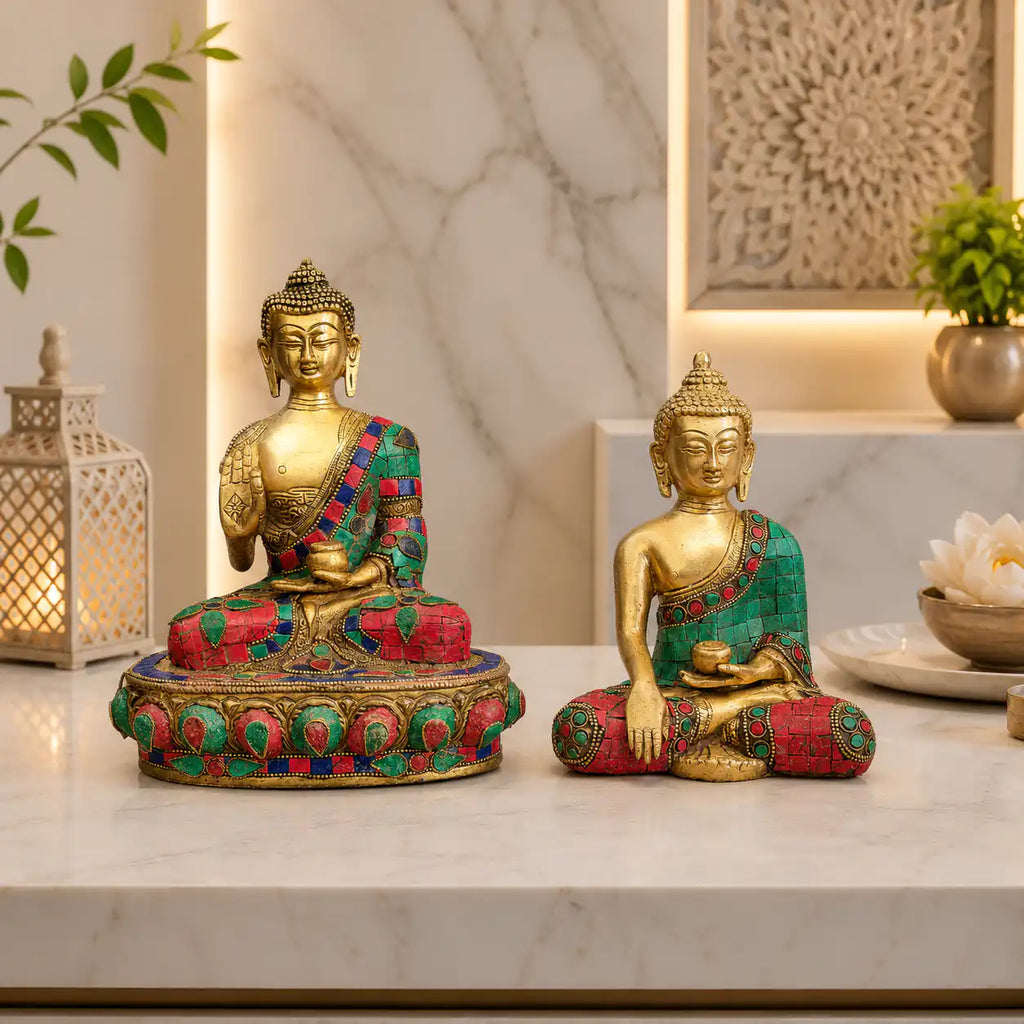 Brass Stone Work Blessing Sitting Buddha Statue Vedansh Craft