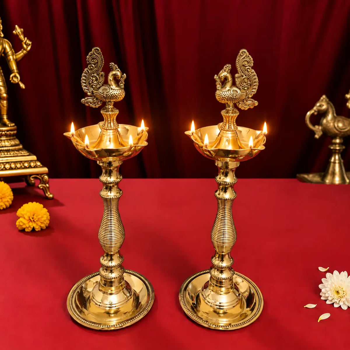 Brass Dana Peacock Samai Lamp Pair Vedansh Craft