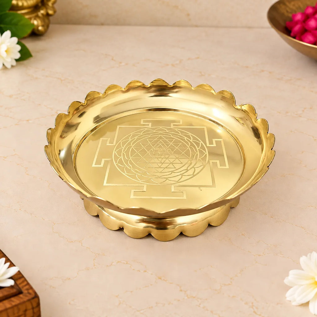 Brass Shree Yantra Engraved Lotus Plate With Stand (5.5 Inch) Vedansh Craft