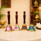 Brass Hand Painted Meenakari Handbell With Wooden Handle (7.5 Inch) Vedansh Craft