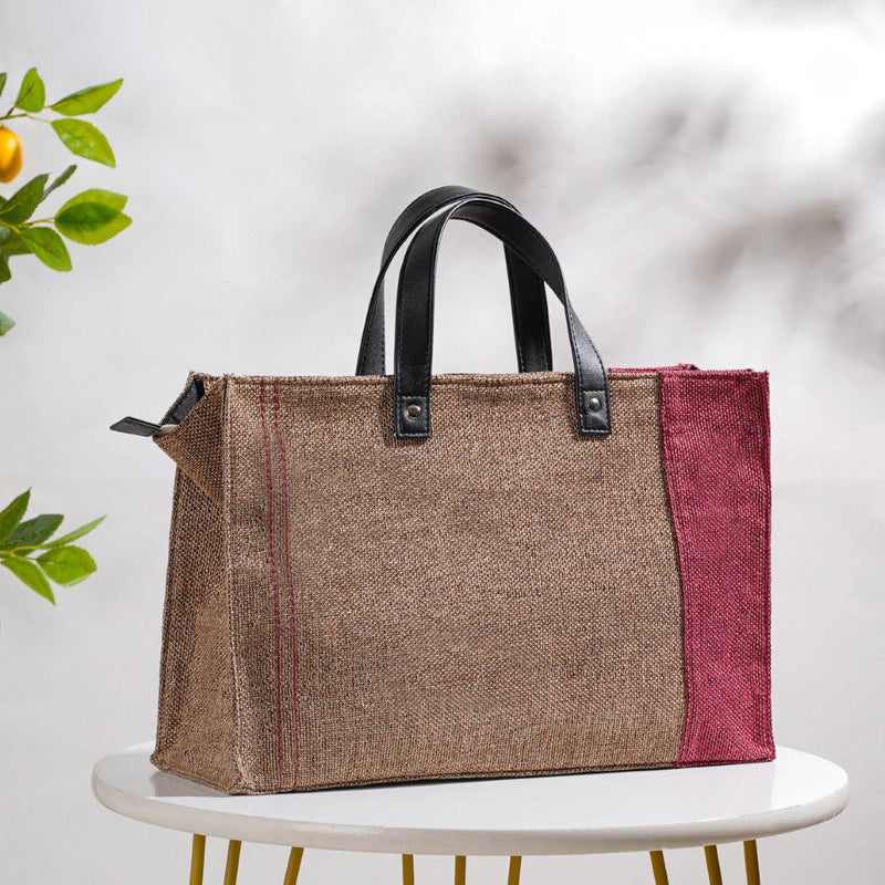 Eco Friendly Jute Lunch Bag Beige And Red 15 x 10 Inch Nestasia