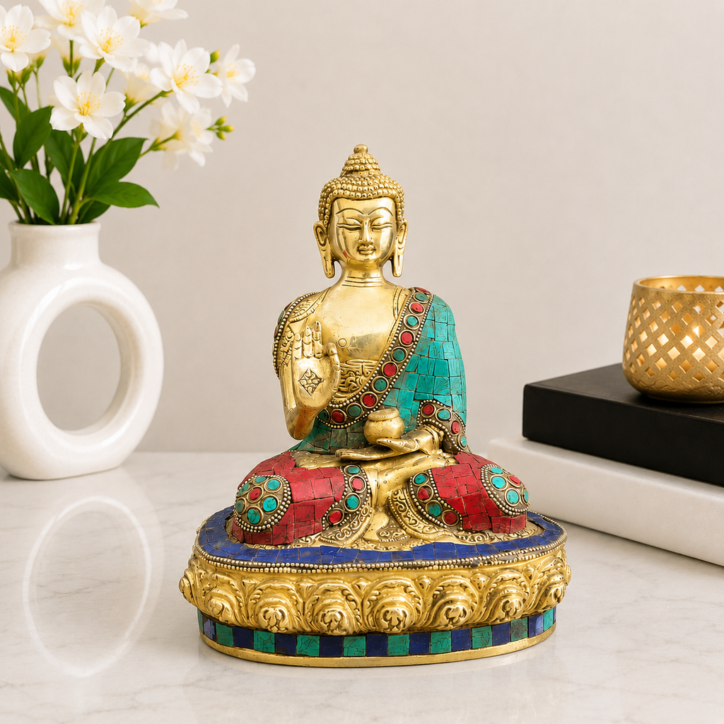 Brass Stone Work Blessing Sitting Buddha Statue Vedansh Craft