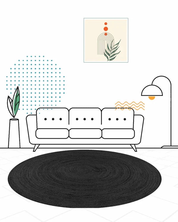 Handwoven Natural Black Round Jute Carpet For Living Room