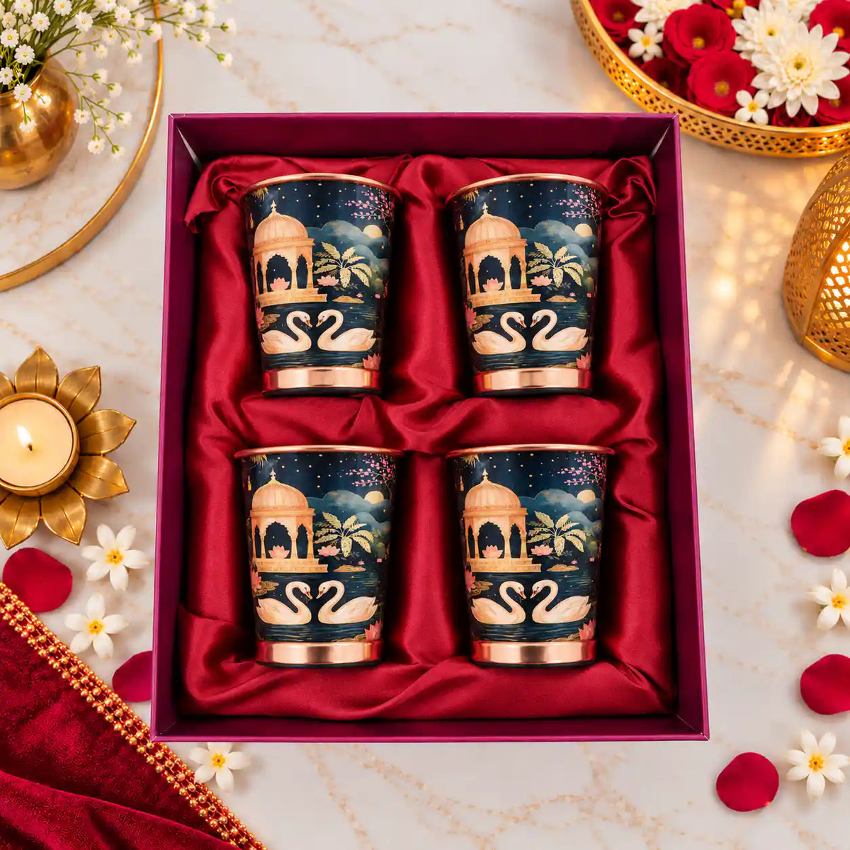 Copper Kalakriti Print Glass Set of Four With Gift Box/Hamper (3.5 Inch) Vedansh Craft