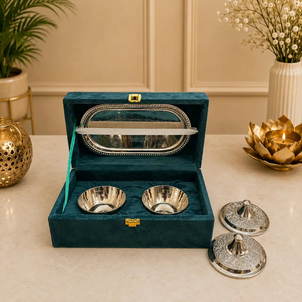 Brass Silver Plated Twin Bowl Set with Lids And Tray (3 Inch) Vedansh Craft