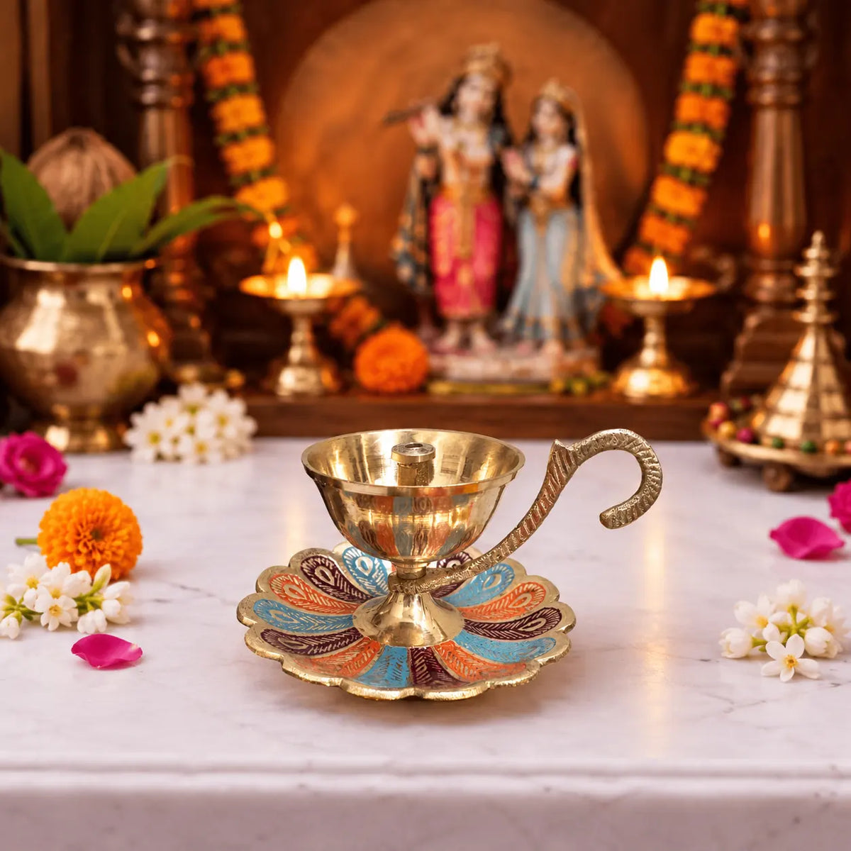 Brass Hand Painted Akhand Diya (2.2 Inch) Vedansh Craft