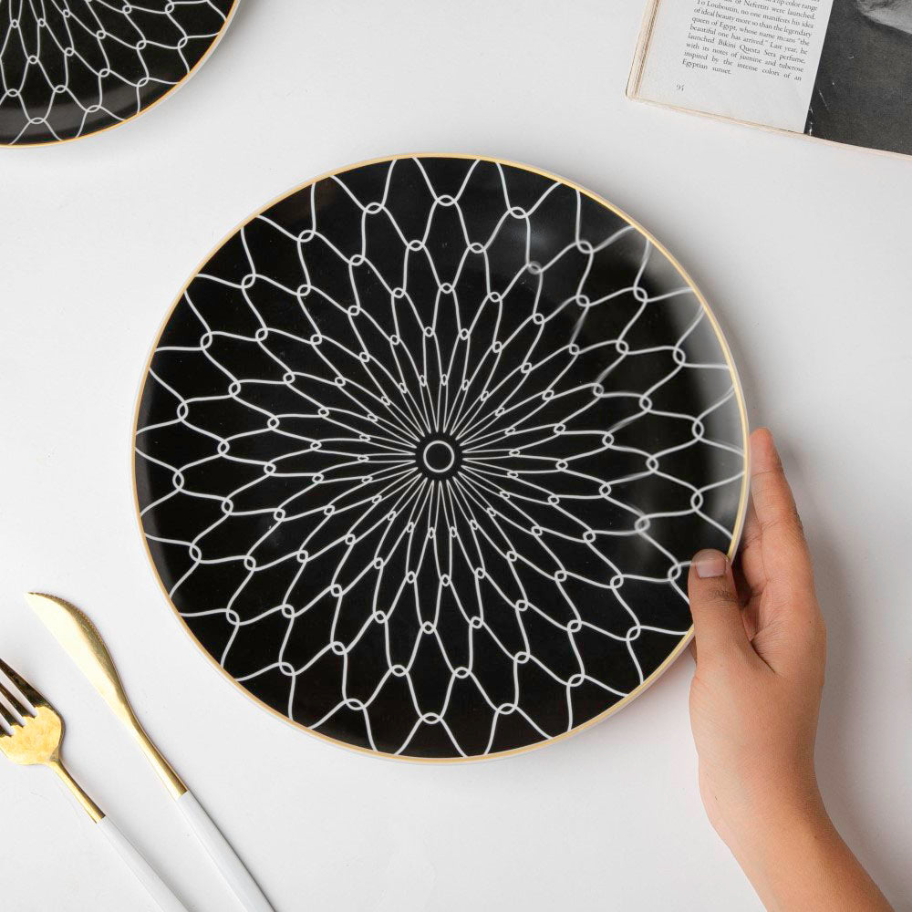 Trellis Gloss Ceramic Dinner Plate Black White Rim 10 Inch Nestasia