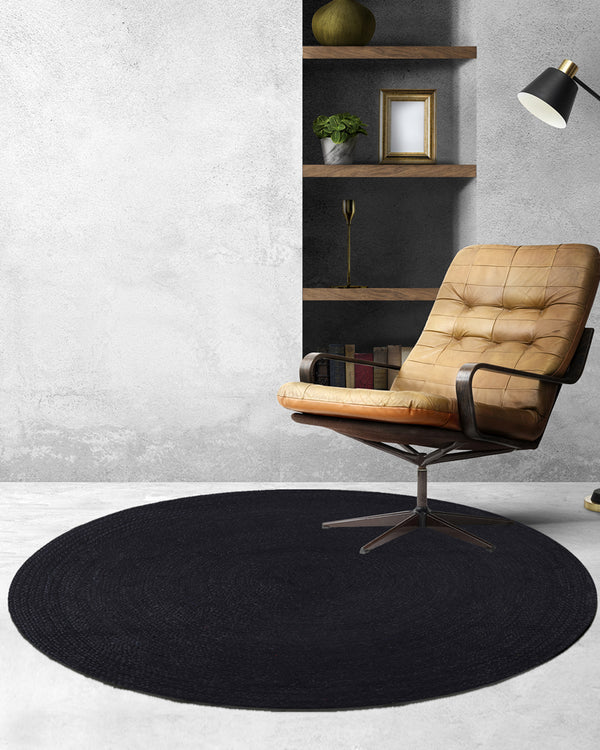 Handwoven Natural Black Round Jute Carpet For Living Room