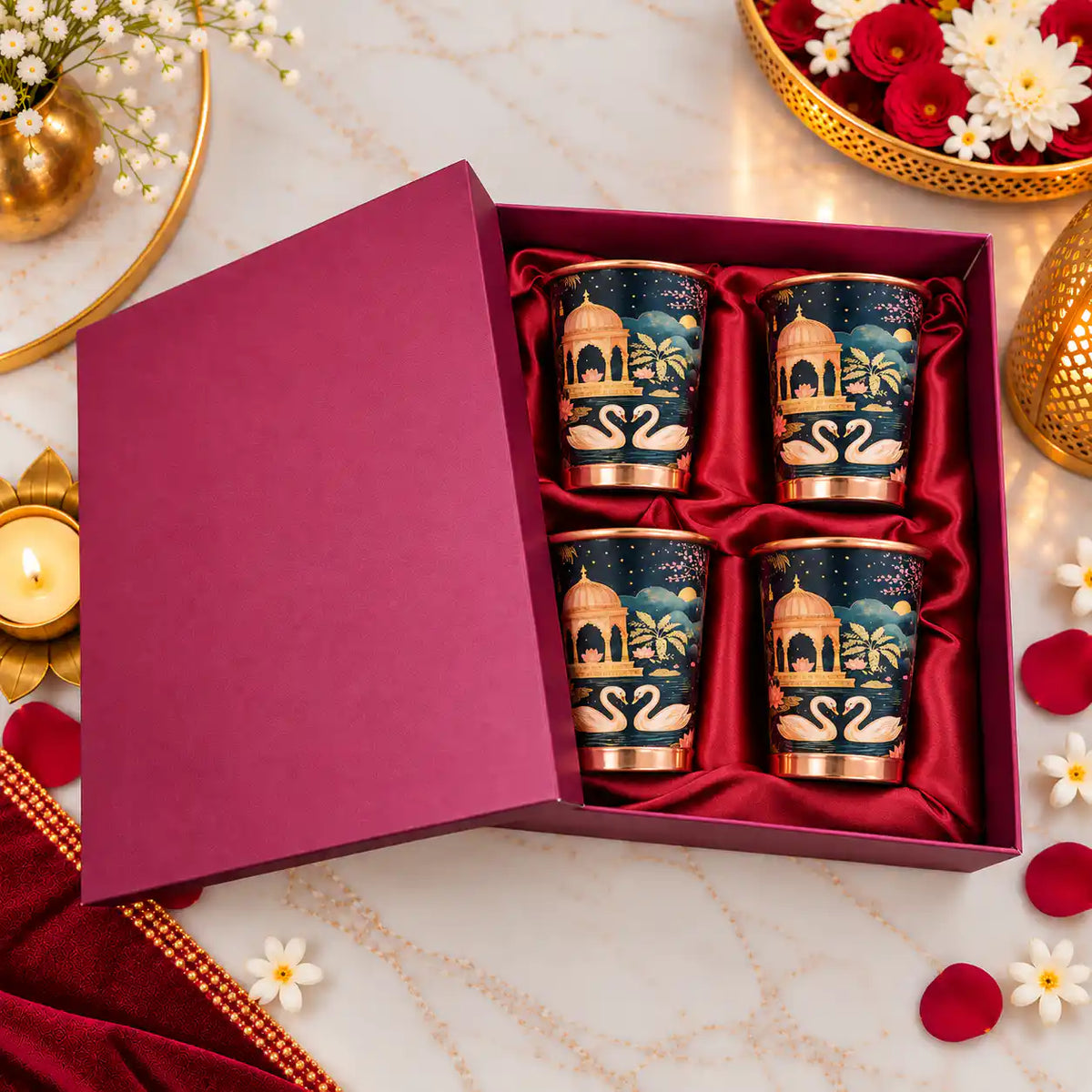 Copper Kalakriti Print Glass Set of Four With Gift Box/Hamper (3.5 Inch) Vedansh Craft