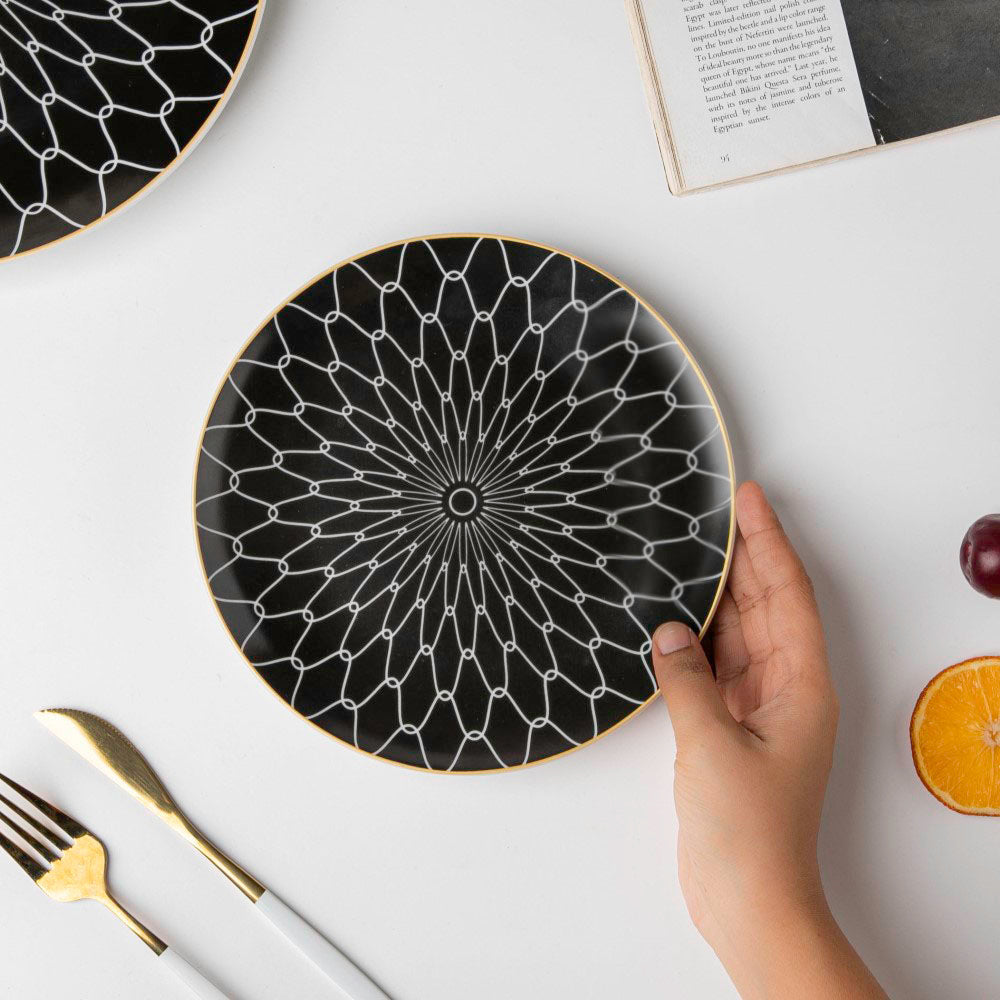 Trellis Gloss Ceramic Plate For Snacks Black 8 Inch Nestasia