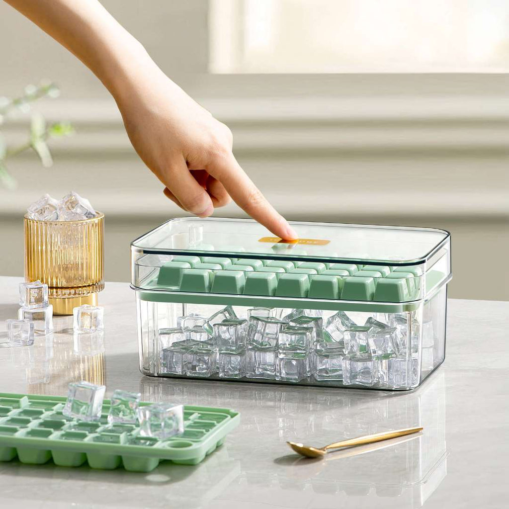 One Press Double Layer Ice Cube Tray With Bin And Scoop 2200ml Nestasia