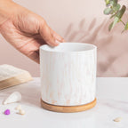 Carrara White And Brown Ceramic Planter With Wooden Coaster Nestasia